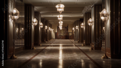 Luxury hotel lobby interior with chandeliers and shiny floor in art deco style