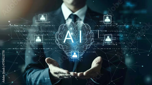 Business AI concept, of a businessman open palm, analysis AI digital glowing brain, connect digital costumers icons, generative ai