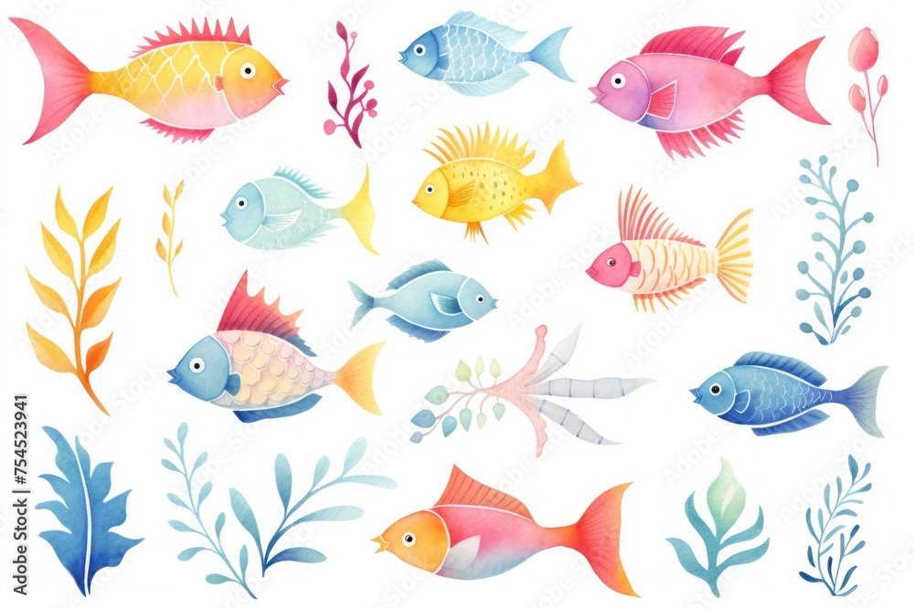 Naklejka premium A variety of colorful fish come in different shapes and sizes, from small to large, and each fish has a unique pattern or coloring. Seaweeds also differ from each other, with leaves of different shape