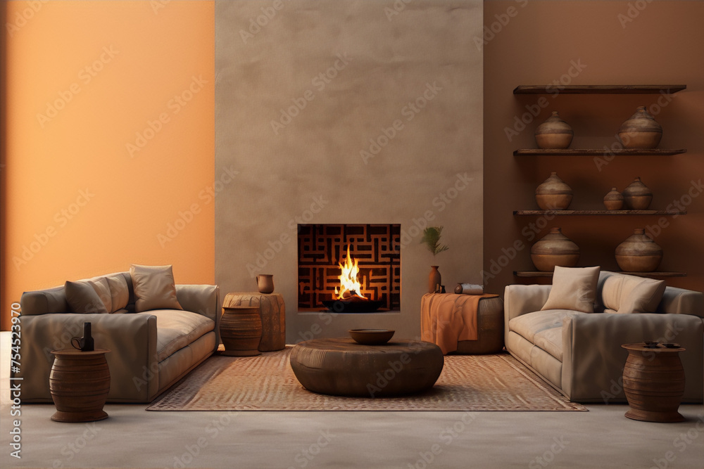 Obraz premium Earthy living room interior with fireplace, sofas, coffee table, rug and shelves with pottery against orange background, 3d render