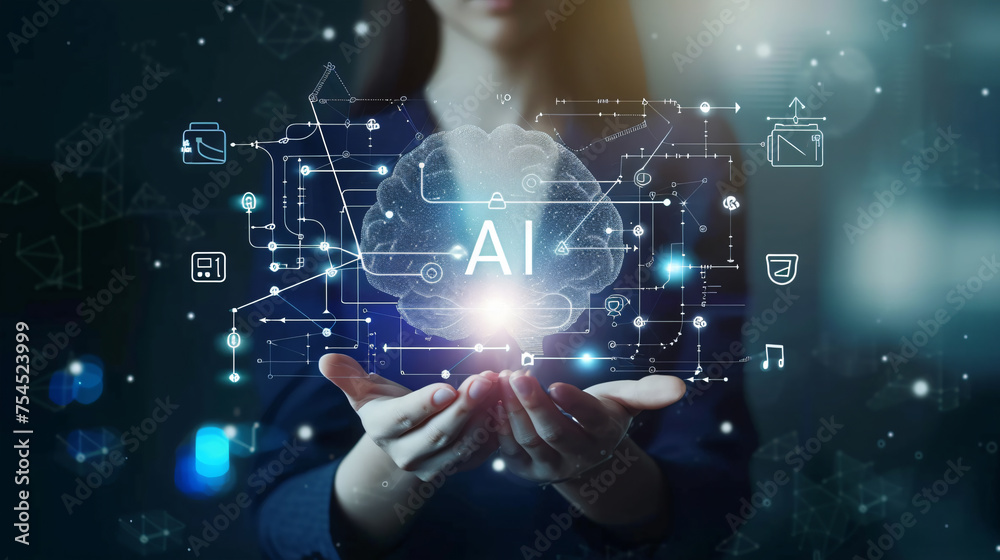 Business AI concept, of a businesswomen open palm, analysis AI digital glowing brain, connect digital data, background digital icons, generative ai - obrazy, fototapety, plakaty 