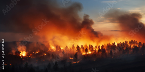 A devastating wildfire rages through a forest at dusk, with intense flames and smoke against the evening sky.