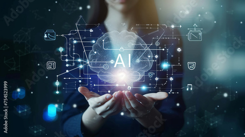 Business AI concept, of a businesswomen open palm, analysis AI digital glowing brain, connect digital data, background digital icons, generative ai