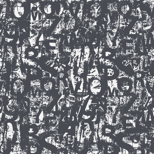 Seamless pattern with alphabet letters in black and white paint splashes, blots and handwritten text lorem ipsum. Abstract vector background with latin letters. Suitable for wallpaper, wrapping paper