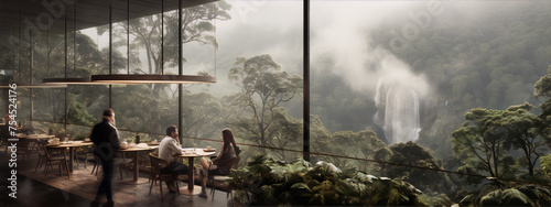 Modern restaurant interior with floor-to-ceiling windows looking out onto a misty forest and waterfall.