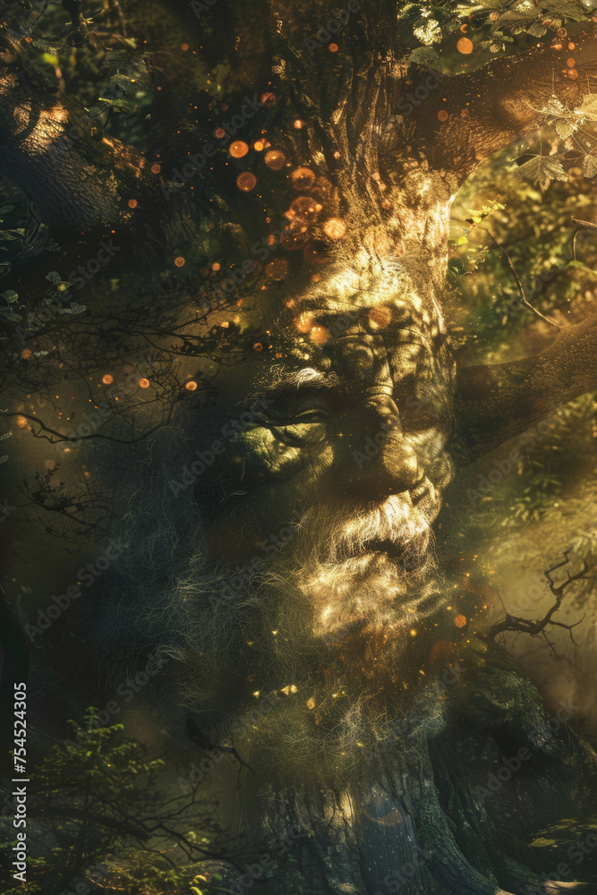 Fantasy and mystery within a woodland. Face of a bearded old man on a trunk of an ancient oak tree. Artistic conceptual representation of a man as a nature deity. Woodland spirit.