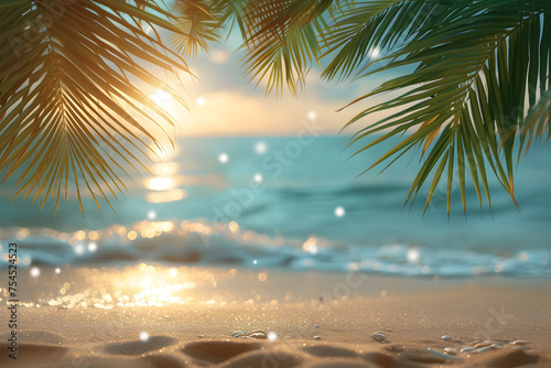 Palm leaves over tropical beach at sunset. Vacation and travel concept. Summer holidays background for design and print. Warm evening light with bokeh, soft focus on sand texture