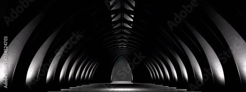Black and white 3D rendering of a gothic cathedral interior with ribbed vault ceiling