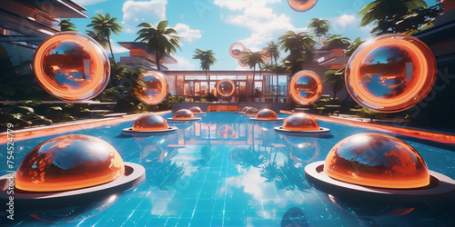 Futuristic cityscape with floating orange spheres in the pool, blue water, palm trees, and a clear blue sky.