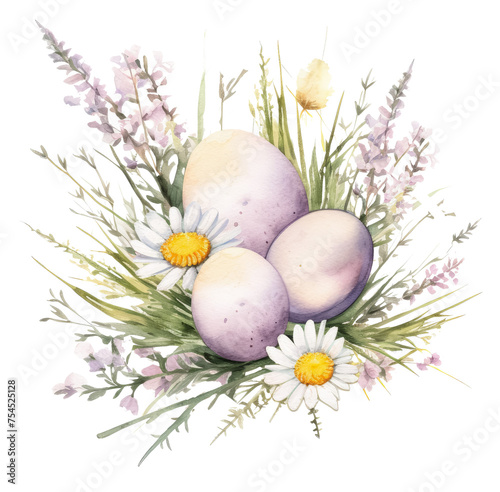 Watercolor painting of Easter eggs and flowers
