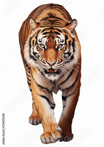 Male tiger walking towards the camera ,isolated on white
background.