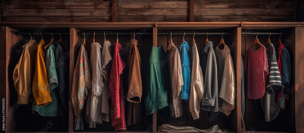 The closet is overflowing with various colored shirts neatly displayed on hangers. The shirts range from vibrant reds and blues to muted pastels,