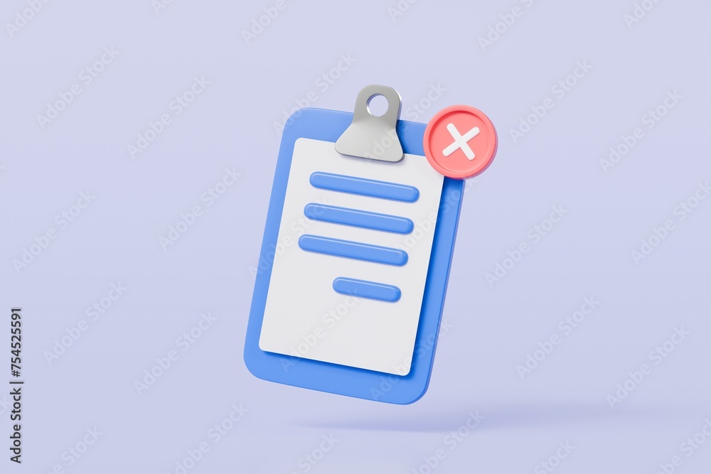 3D Blue Clipboard with paper notes with cross marks. Wrong Choice. Cancel, Error, Stop, Disapprove icon symbol. Denied checklist Concept. Minimal cartoon creative style. 3d rendering illustration. 3D Blue Clipboard with paper notes with cross marks. Wrong Choice. Cancel, Error, Stop, Disapprove icon symbol. Denied checklist Concept. Minimal cartoon creative style. 3d rendering illustration.