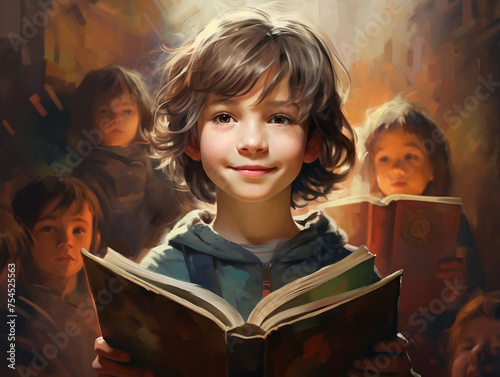 a handsome boy of about 8 years old with dark curly hair holds an open book in his hands. The problem of spending time for school-age children.
