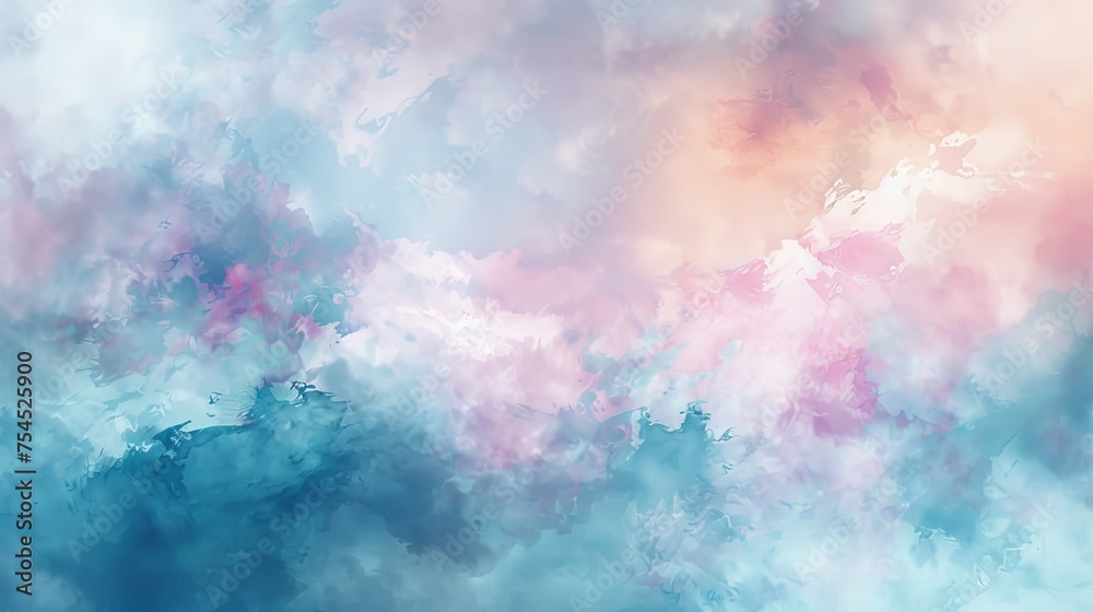 Dreamy sky-like abstract with soft brush strokes. Cloud-inspired digital art in pastel pink and blue hues. Soft pastel tones creating a tranquil abstract skyscape - obrazy, fototapety, plakaty 