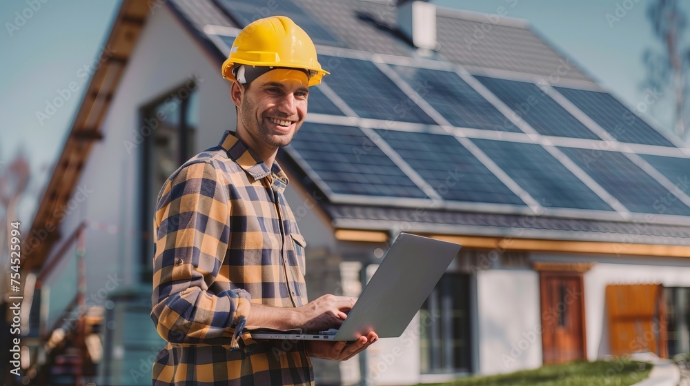 Smiling construction worker with laptop at solar panel site. Eco-friendly construction professional monitoring solar panels. Sustainable energy expert in hard hat with computer technology. Smiling construction worker with laptop at solar panel site. Eco-friendly construction professional monitoring solar panels. Sustainable energy expert in hard hat with computer technology.