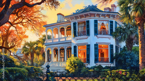 Painting of a beautiful southern mansion with a blue sky and palm trees in the background. photo