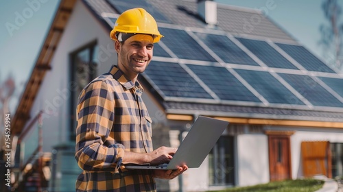 Smiling construction worker with laptop at solar panel site. Eco-friendly construction professional monitoring solar panels. Sustainable energy expert in hard hat with computer technology.
