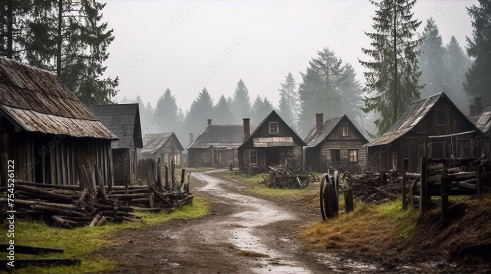 Rural village with wooden houses and a dirt road in the middle, surrounded by trees and a foggy atmosphere.