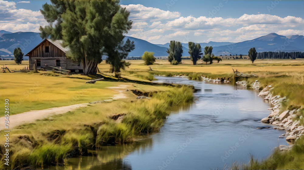Fototapeta premium A river runs through a grassy field with a rustic wooden house in the distance.
