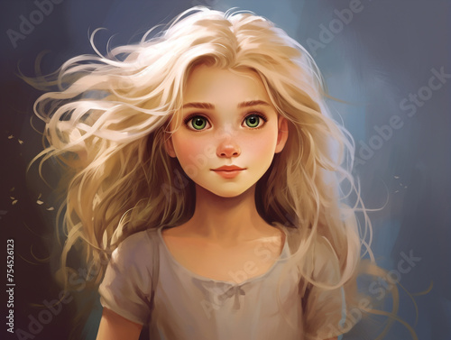 illustration of a cute girl of 8-10 years old with blond hair, large portrait on a gray-blue background