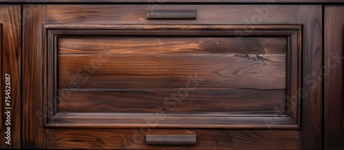 This close-up view shows a front kitchen wooden frame cabinet door and drawers made from dark wood. The intricate wood grain and texture are visible,
