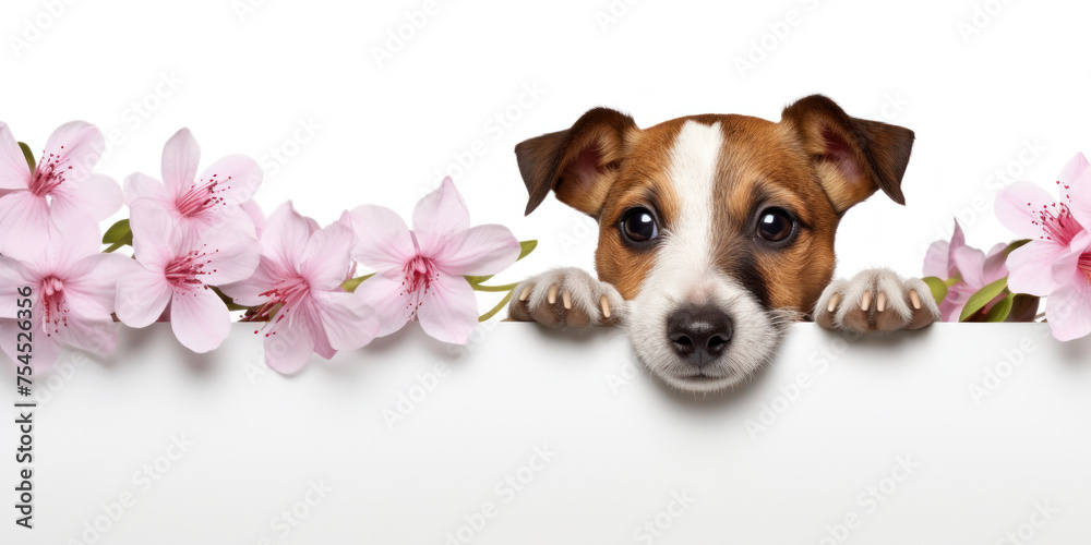 Jack Russell Terrier dog looks out from behind a white board decorated with pink flowers. Spring banner mockup of pet products.