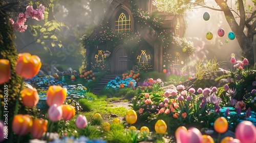 An Easter-themed illustration, easter hut and garden #754526335