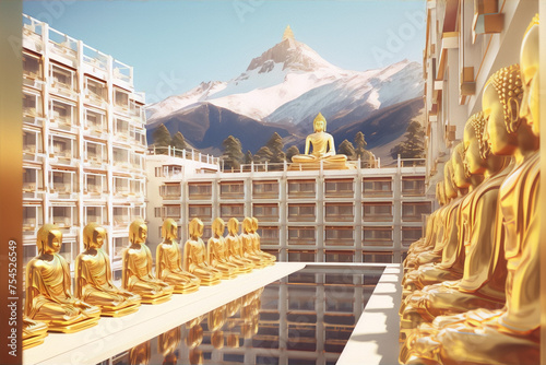 3D rendering of a buddhist temple with golden statues of Buddha in a serene mountain landscape.