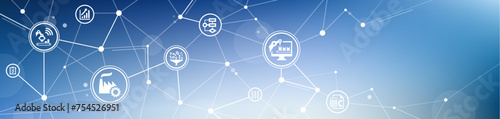 rpa / robotic process automation vector illustration. blue banner with icons related to industrial performance optimization, ai automated smart workflow monitoring, processes planning & validation.