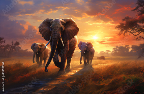 Twilight Procession of Elephants