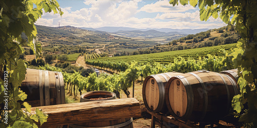 Vineyard landscape with wine barrels in the foreground, Italy