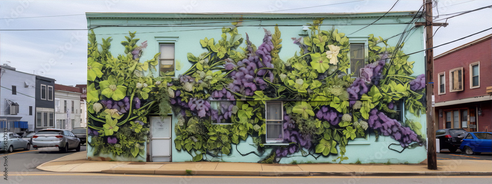 trompe l'oeil building mural of climbing vines with purple flowers