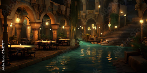 fantasy middle eastern restaurant with water flowing through
