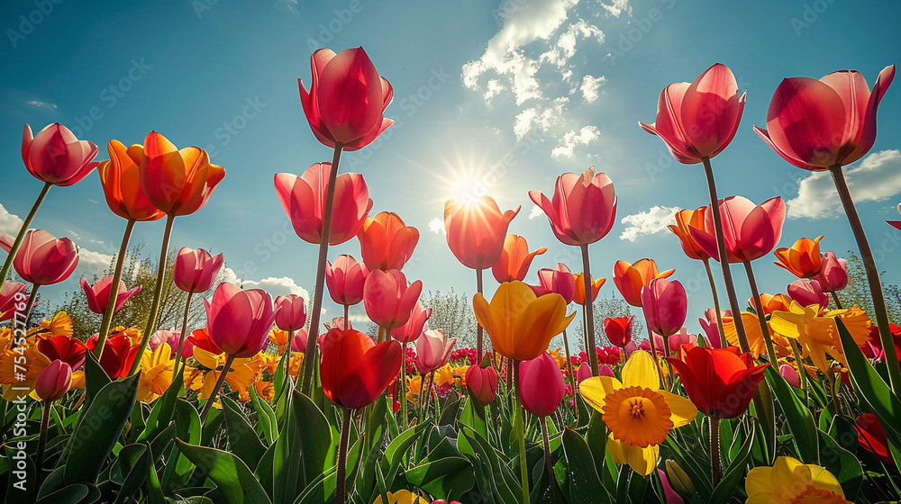 Visualize a picturesque spring city park with vibrant tulips and daffodils carpeting the grassy expanses, creating a riot of colors under the warm sunshine Visualize a picturesque spring city park with vibrant tulips and daffodils carpeting the grassy expanses, creating a riot of colors under the warm sunshine
