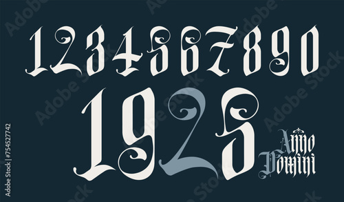 Arabic numerals from 0 to 9 from a Gothic style font. Latin phrase From the Nativity of Christ.