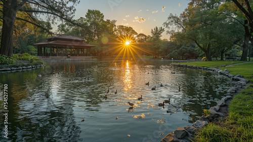 Picture a tranquil spring city park with a charming duck pond at its center, where families gather to feed the ducks and enjoy the idyllic surroundings