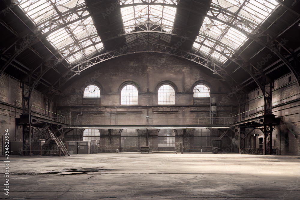 Large empty industrial building interior with brick walls and arched windows