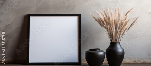 A black empty frame sits on a stylish coffee table, accompanied by two modern ceramic vases with dry grass. Dappled light filters through the leaves, creating a serene atmosphere.