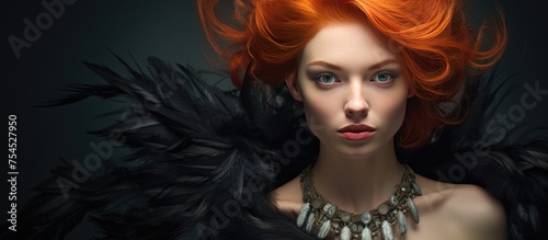 A beautiful redhead woman wearing a stylish hairstyle and necklace jewelry, adorned with falling raven feathers that give her the appearance of black wings in a studio setting.