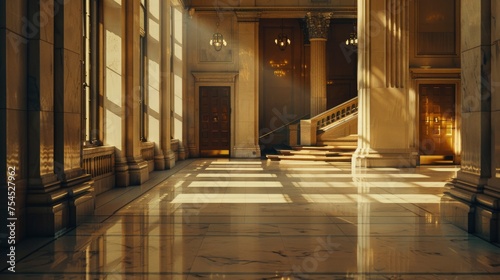 The solemn grandeur of an empty corporate lobby, with marble floors, towering columns, and a grand staircase leading to upper floors, the early morning light casting long shadows, embodying corporate 