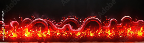 Mystical Fire Dragon and Snake Illustration on Red, Dark Background.