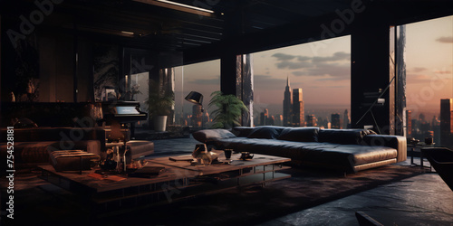Futuristic living room interior with city view  dark  sunset  piano  plants  3d illustration