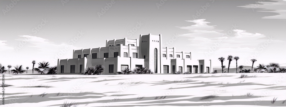 Black and white line drawing of a large building in the desert with palm trees.