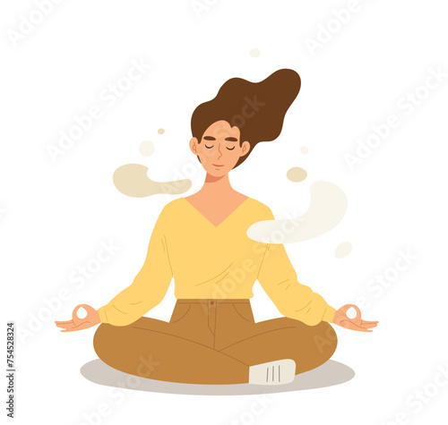 Young female sitting on floor and doing meditation. Mental health, meditating yoga, mindfulness practice, spiritual discipline, relaxation, breathing exercise. Flat vector illustration character.