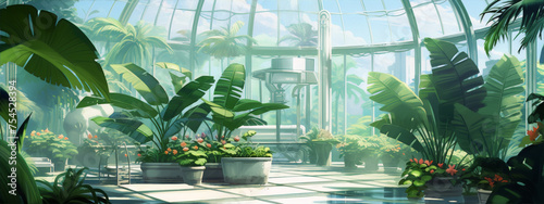 Futuristic greenhouse concept art with lush vegetation and glass dome in the background