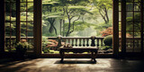 Tranquil morning view of a lush green Japanese garden from a traditional house