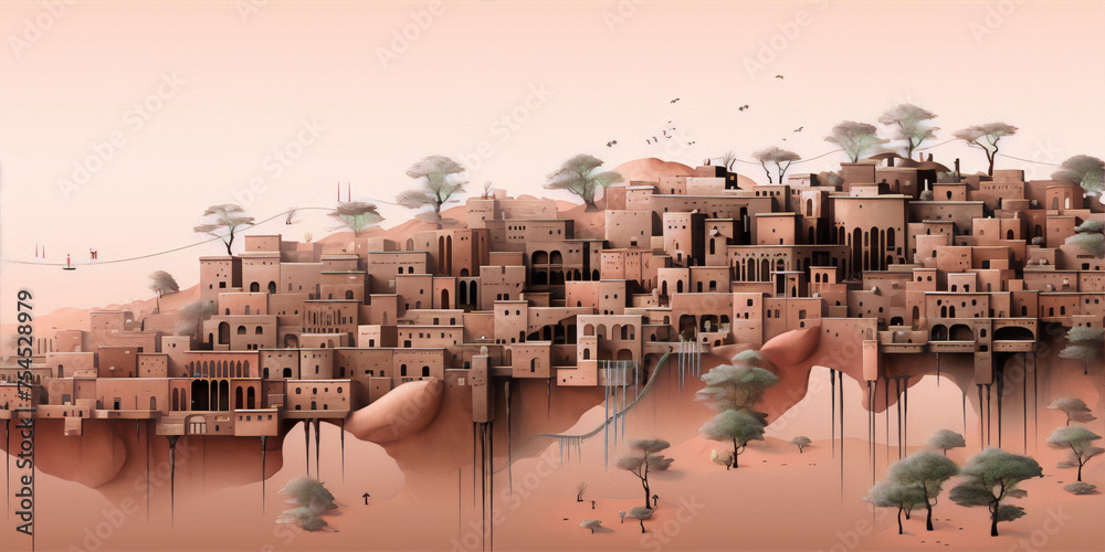 Obraz premium Surreal painting of a pink desert mesa city with trees and a river.