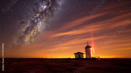 Milky way over lighthouse at sunset in orange and blue colors