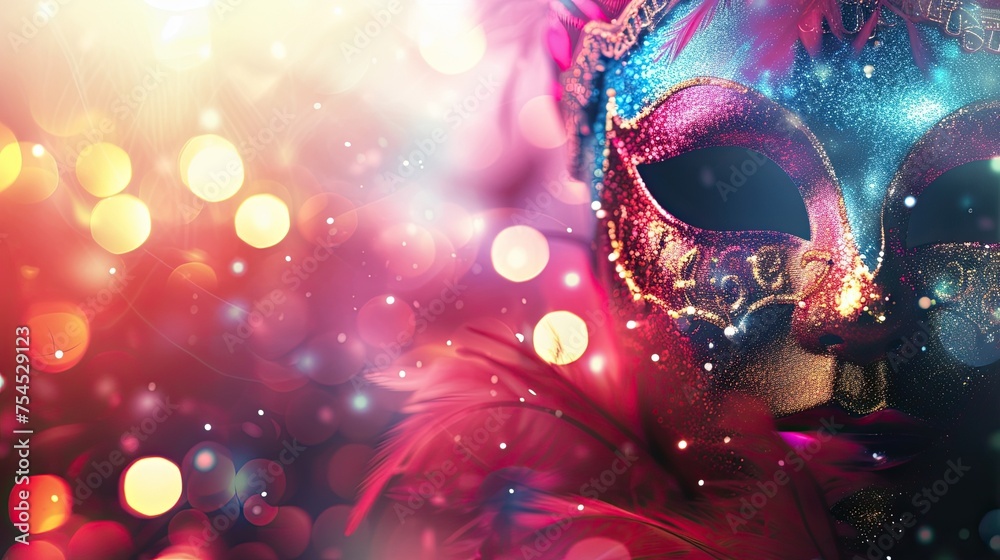 A close-up of a colorful masquerade mask surrounded by vibrant bokeh lights
